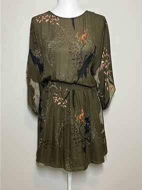 HAUTE HIPPIE Bird Print Georgette Dress 100% Silk Smocked Waist Size L
